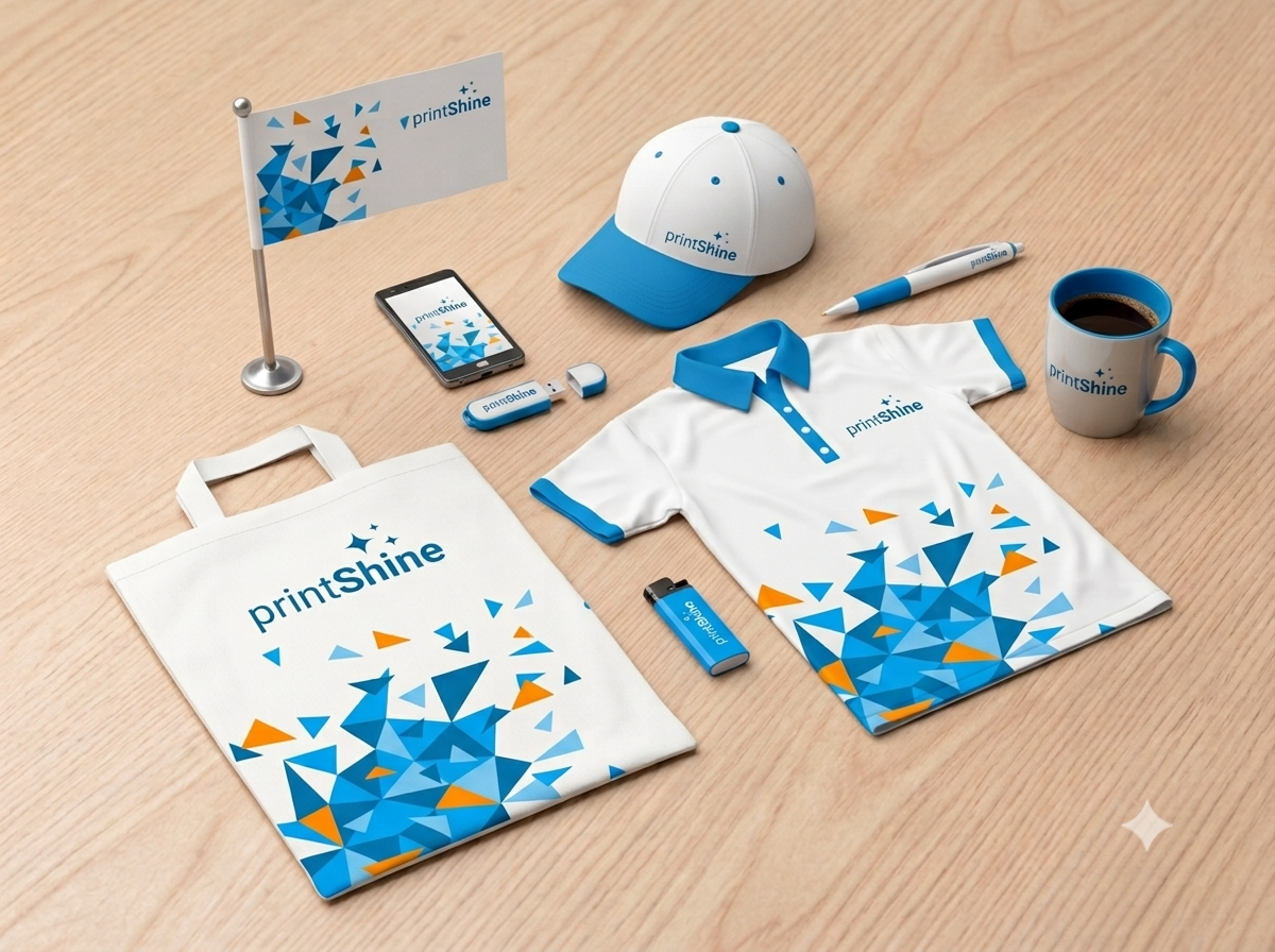 PrintShine branding identity applied across apparel, stationery, drinkware, technology accessories and promotional products