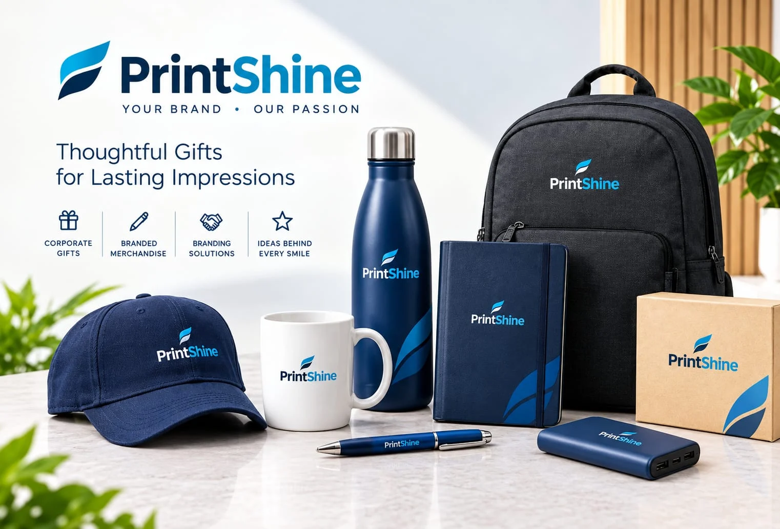 printShine branded corporate gifting range: bottle, backpack, notebook, cap, mug, pen and power bank